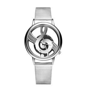 Unique Watch 뮤지컬 노트 할로우 스테인리스 스틸 메시 스트랩 쿼츠 유니 패션 손목 시계, 실버, 남성용