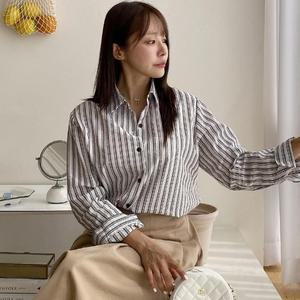 [M7] 여자 스트라이프블라우스 갈색 가을면남방 셔츠