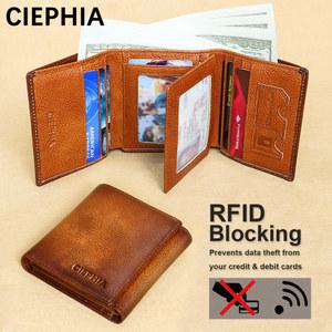 남성용 가죽 삼중 지갑 접이식 ID 윈도우 RFID 차단 빈티지 다기능 신용 카드 보관 돈 가방 선물