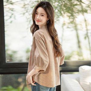여자셔츠 체크 칠부 면 셔츠 봄 여름 얇은 차이나 톱 원템2
