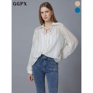 [GGPX]리본 오픈카라 스트라이프 시스루 셔츠  GP2SH027F _P385595648