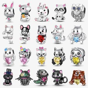 925 스털링 실버 귀여운 동물 애완 고양이 개 토끼, 판도라용 오리지널 비즈 참, DIY 팔찌, 여성용 고급 주
