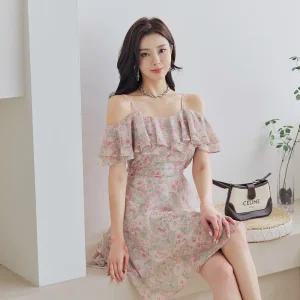 채핏 로징 플라워오프 원피스 오프숄더 끈 나시 미니 ops 잔꽃 프릴 슬림 러블리 데이트룩 페미닌 쉬폰