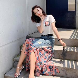데님 청치마 쉬폰 스커트 슬림 A라인 꽃무늬 여성 롱스커트 치마 상의 세트 원피스 투피스