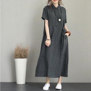 여성 린넨 카라 롱 원피스 여름 반팔 빅사이즈 베이직 루즈핏 3컬러