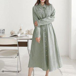 [기타]셔츠핏 카라넥 허리끈 에이라인 체크원피스 빅사이즈