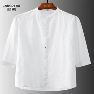 차이나 헨리넥 카라 반팔 셔츠 남방 마 7부 리넨 린넨 남자 남성 일본식 여름 얇은 단색 캐주얼 스탠드 칼