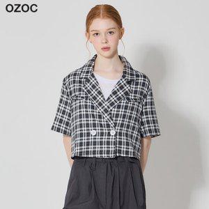 오조크 더블버튼 체크 카라 반팔 자켓