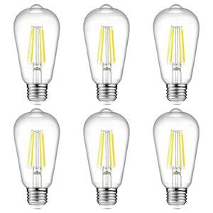 애셔 빈티지 LED 에디슨 전구, 6W, 동급 60W, 고휘도 일광 화이트 4000K, ST58 앤티크 필라멘트 80 이상 CRI, E26 미디엄 베이스, 비 조광성, 투명 유리, 6팩
