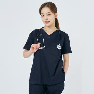 여성 쿨스판 브이넥 스크럽 상의 간호사 의사 병원 수술복 (네이비)