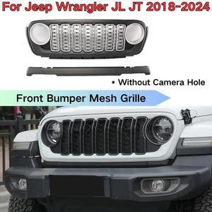 지프 랭글러 JL JT 2018-2024 프론트 범퍼 메쉬 그릴, 카메라 구멍 없음, 실버 자동차 외부 액세서리, 매트