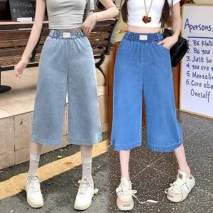 YH-9633 / M-5XL 빅사이즈 여름 텐셀데님 여성청반바지 7부 와이드 통바지 허리밴딩 얇은원단