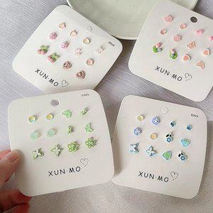 [사찌몰]귀여운 톤앤톤 컬러 미니 패션 귀걸이 체리 꽃 하트 나비 세트 예쁜 데일리 귀고리 악세사리