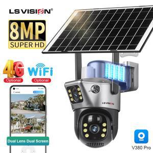 LS VISION 4K 8MP 듀얼 스크린 태양광 카메라 야외 무선 4G/WiFi PTZ 렌즈 보안 보호 자동 추적 CCTV