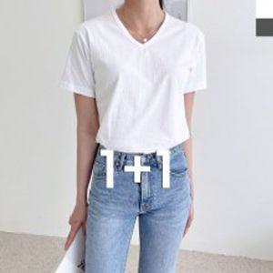 1+1 DGI1824-1 여자 브이 반팔 면티셔츠 99까지여성반팔티셔츠 여성반팔티 여자