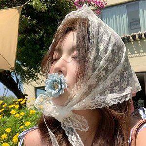 [셀러허브 1][이거찜] 레이스두건 삼각 스카프 프릴 예쁜스카프 헤어두건 레이어드 스커트