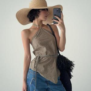 여성 홀터넥 펀칭 보헤미안 스트랩 비대칭 여름 나시
