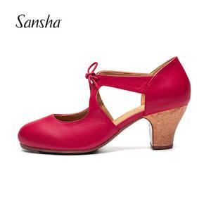 Sansha Professional Flamenco 캐릭터 업 6CM 여성 중형 하이힐 블랙 레드 피어싱 댄스 슈즈 FL29L