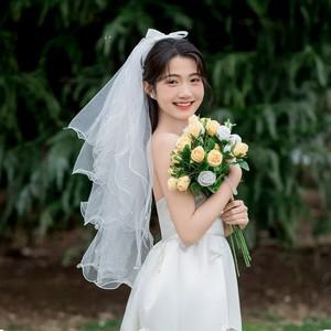 셀프웨딩 면사포 리본진주 4단 베일 브라이덜샤워 촬영 소품