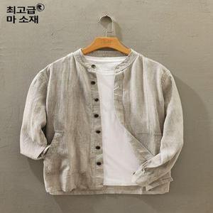반팔 셔츠 남방 마 헴프 레트로 복고풍 엔틱 라미 캐주얼 긴팔 코튼 및 리넨 린넨 남성 가을 스탠드업 칼라