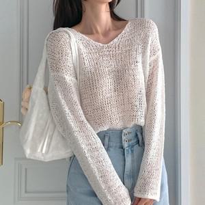 여자 바캉스룩 시스루 뜨개 루즈핏 브이넥 여리 티셔츠