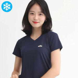 쿨 브이넥 여성반팔 쿨론 여름 스판 드라이기능성티셔츠 V넥 캐릭터 운동화자수
