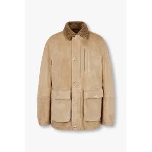 BRUNELLO CUCINELLI 남성 시어링 라이닝 스웨이드 자켓 - 라이트 브라운