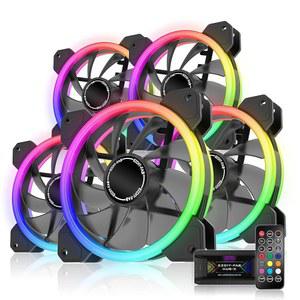 이지디-팹 RGB 듀얼 링 120mm 케이스 팬, 5V 마더보드 동기화, 속도 조절 가능, 10포트 팬 허브 X 및 리모컨-5 팩 포함 동기화