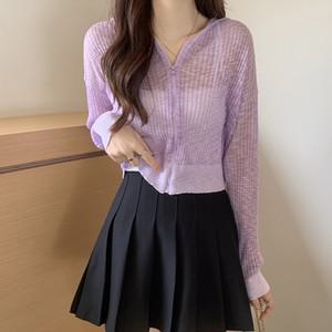 여성 레이어드 크롭 시스루 집업 후드 가디건 CHA-WCD-20364-파스텔퍼플