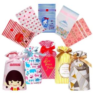 리본 선물봉투(50매) 축하 생일 답례 사탕 봉투/간식 포장지 유치원 선물 포장 비닐 보자기 쿠키 투명 포장
