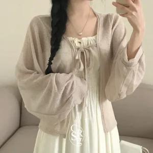 크림슈가 / 기본 리본선택 여름가디건 여리한 실루엣 테너 시스루 긴팔 가디건
