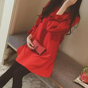 라운드 칼라 긴팔 출산 A라인 미니 원피스, 임산부 수유, 빨간 짧은 원피스, 모유 수유 셔츠, 2024 가을