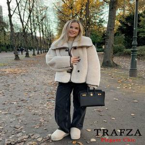 TRAFZA 여성용 다목적 테디 플리스 코트, 심플 캐주얼 루즈 코트, 버튼 솔리드 라펠 코트, 가을 겨울 패션, 신상
