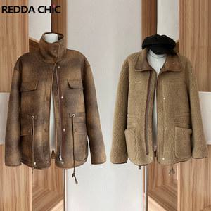 REDDACHiC 여성용 양털 안감 가죽 재킷, 스냅 포켓, 드로스트링 허리 터틀넥 코트, 바이커 모토 겨울 아우터