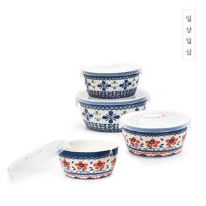 일상일삼 캐니스터 찬통 4P세트ㅣ원형 도자기 반찬통 그릇 밀폐용기 전자레인지 오븐사용가능