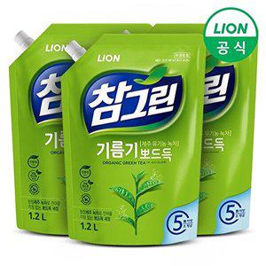 [라이온]참그린 녹차 기름기 뽀드득 주방세제 1.2L리필 3개