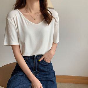 스타일아유 브이넥 반팔 면 티셔츠 심플 루즈 솔리드 여성용 데일리 상의 TS2760