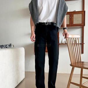 남자 검정데님 스트레이트진 넓은 세미 청바지_3
