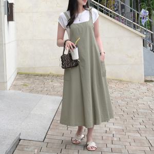 [데일리앤] 모모 바스락 여름 뷔스티에 멜빵 레이어드 플레어 롱 원피스 77 빅사이즈