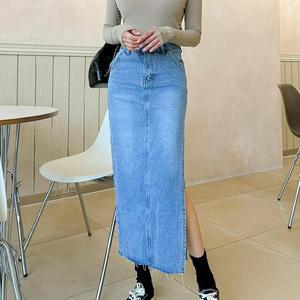LOVE DENIM 옆트임 롱스커트 핀턱 H라인 데님 스커트
