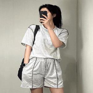 [라일리의류] Rly 스티치 트레이닝 셋업 반팔 티 반바지 세트 SET 2co