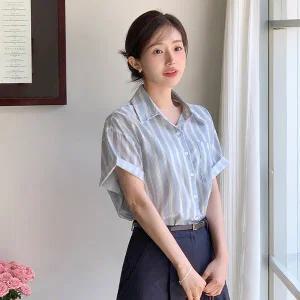 (여름셔츠/차르르/구김걱정) 빌레 스트라이프 포켓 카라 반팔 셔츠 썸머 bs8165