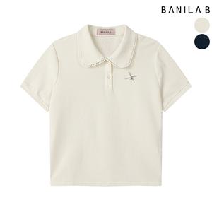 여성 리본 장식 레이스카라 반팔 티셔츠