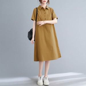 은창]체스트 포켓 카라넥 면 원피스 여름원피스 치마 빅사이즈 루즈핏 퍼프 반팔 롱원피스 여성