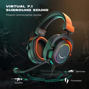Fifine 다이나믹 RGB 게임용 헤드셋(마이크 포함) 오버이어 헤드폰 7.1 서라운드 PC PS4 3 EQ 옵션 영화 음