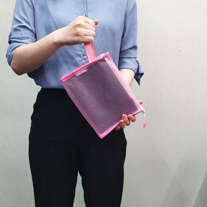 파우치 격자무늬 투명 PVC 핑크