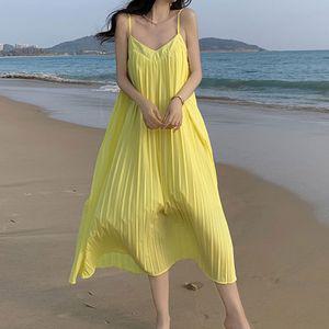플리츠 나시 원피스 브이넥 얇은 끈 롱기장 a라인