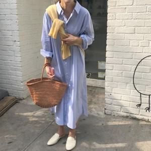 엘리몬드 바스락 루즈핏 스트라이프 롱셔츠 원피스 2col