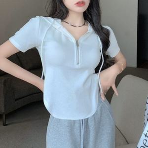 여성 캐주얼 슬림한 크롭 후드 집업 티셔츠