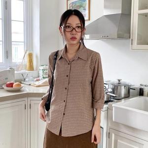 [M7] 여자 브라운셔츠 가을체크 긱시크 순면 남방